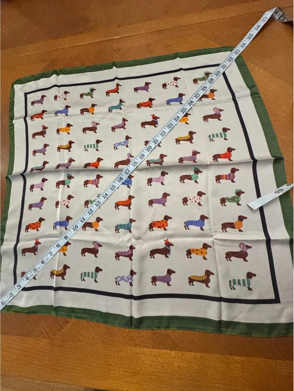 Square Scarf with Colorful Dachshund Dog Pattern and Green Border 267